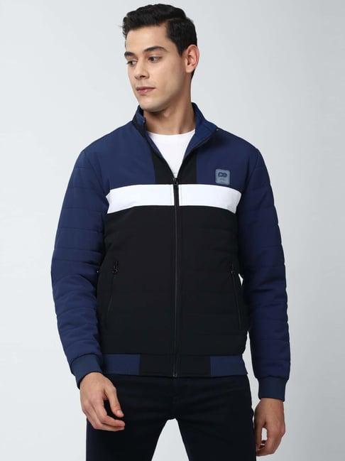 peter england casuals black & blue regular fit colour block jackets