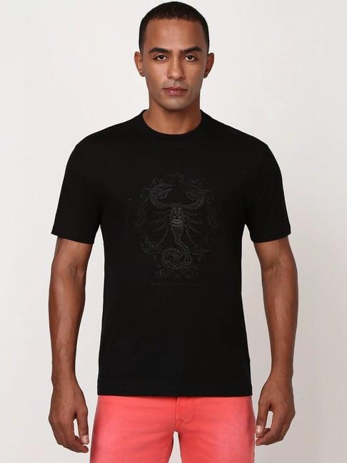 peter england casuals black cotton regular fit embroidered t-shirt