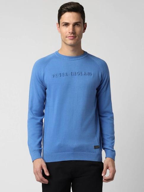 peter england casuals blue cotton regular fit logo printed sweater