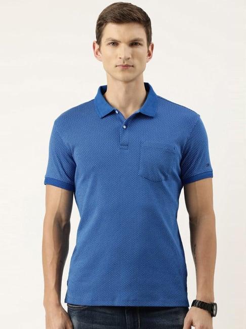 peter england casuals blue cotton slim fit self pattern polo t-shirt