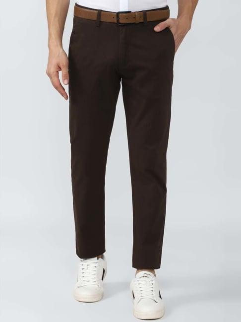 peter england casuals brown slim fit trousers