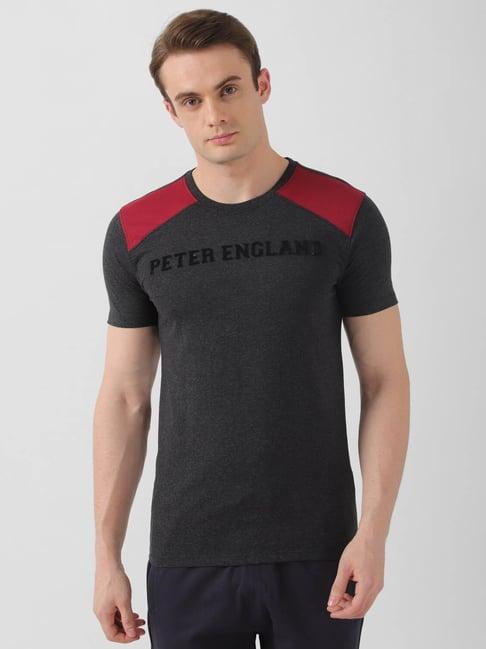 peter england casuals charcoal slim fit colour block t-shirt