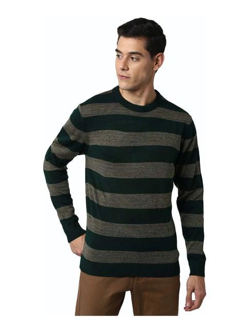 peter england casuals green & grey regular fit striped sweater