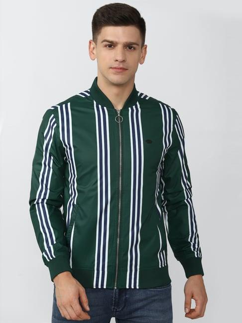 peter england casuals green & white regular fit striped jacket