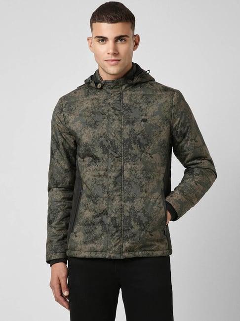 peter england casuals green regular fit printed hooded jacket