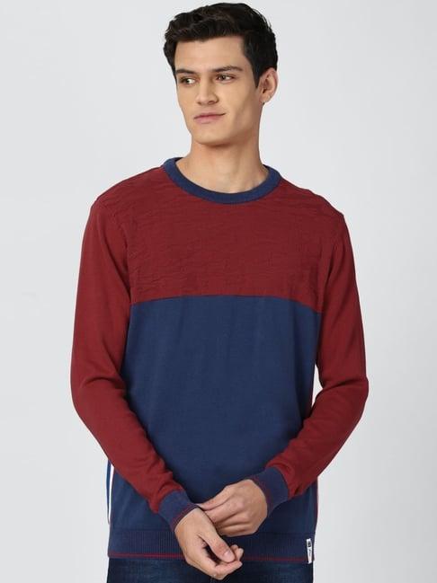 peter england casuals maroon & blue cotton regular fit colour block sweater