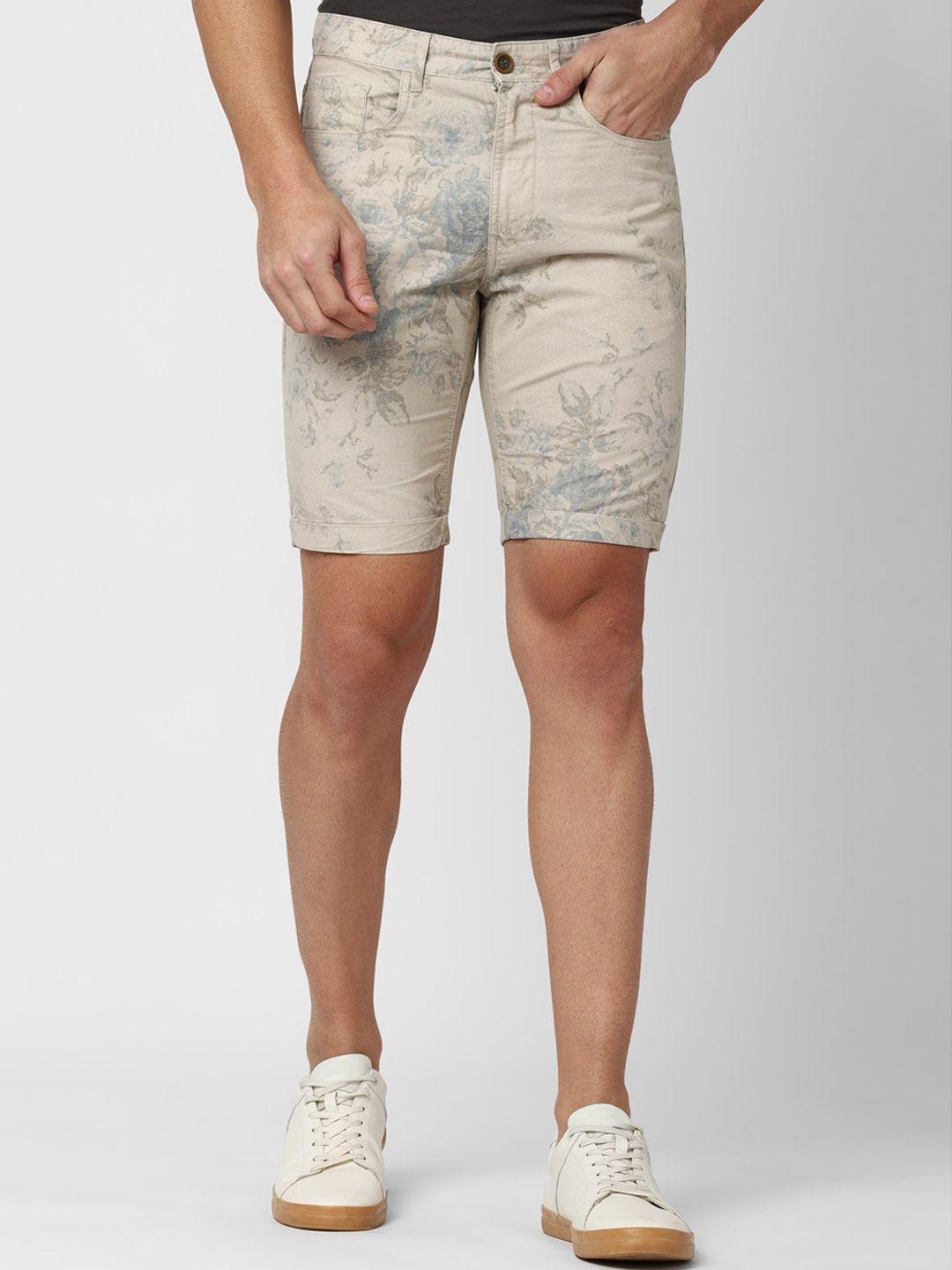 peter england casuals men beige & grey floral printed pure cotton shorts