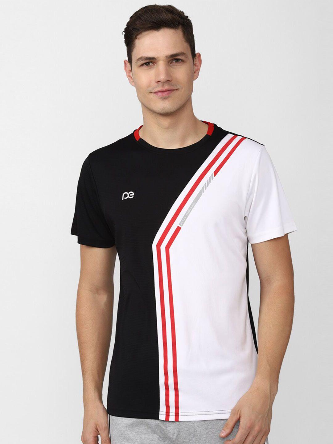 peter england casuals men black & white striped applique slim fit t-shirt