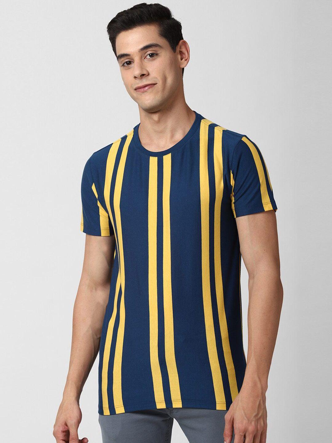peter england casuals men blue & yellow striped slim fit t-shirt