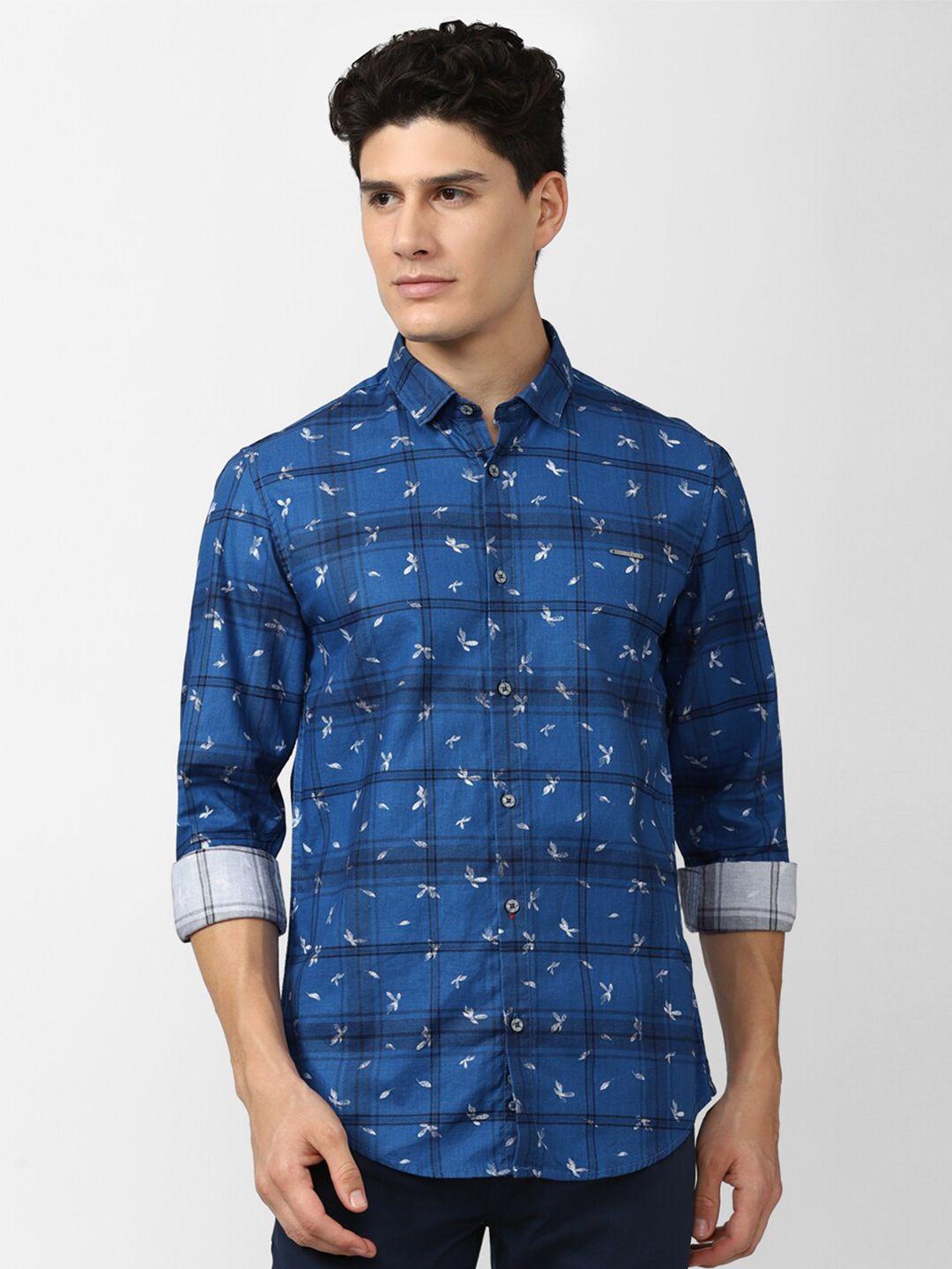 peter england casuals men blue slim fit printed pure cotton casual shirt