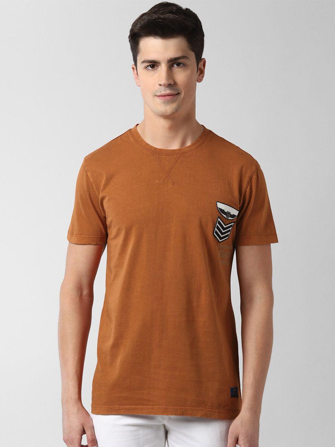 peter england casuals men brown applique slim fit t-shirt