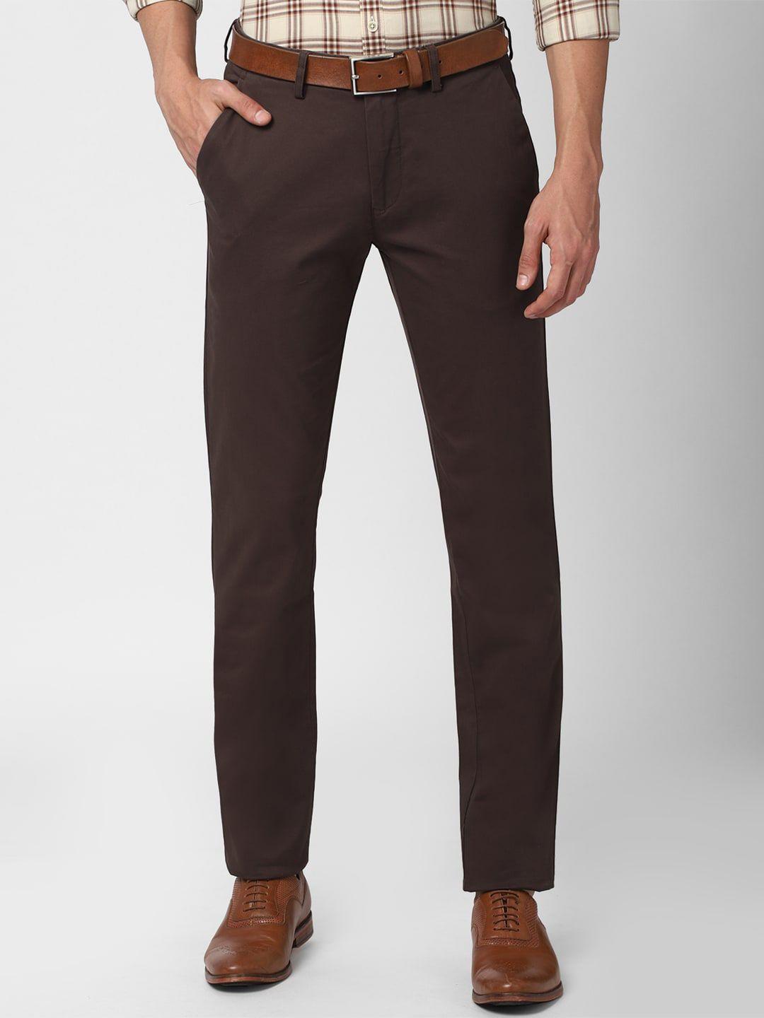 peter england casuals men brown slim fit cotton trousers