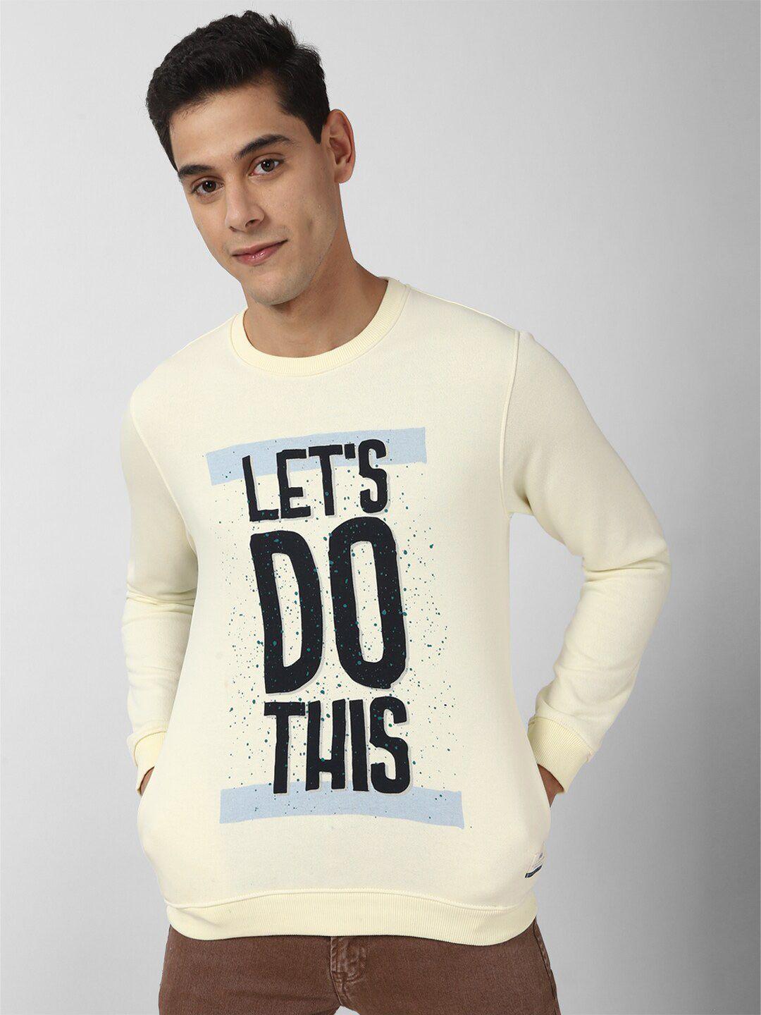 peter england casuals men cream-coloured & black typography printed sweatshirt