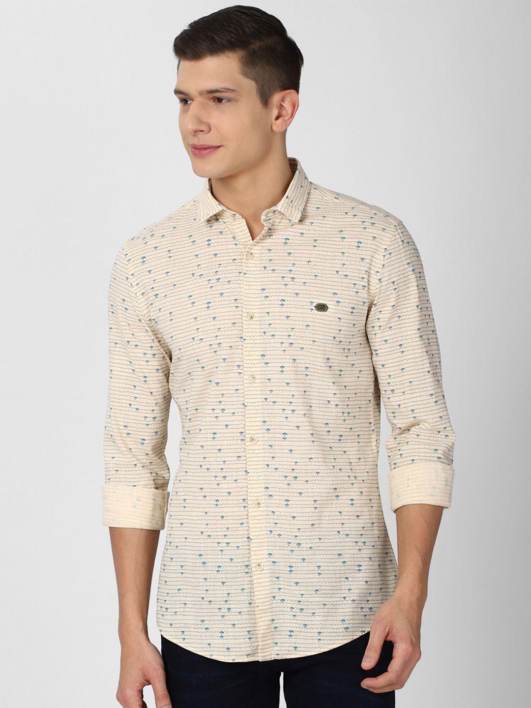peter england casuals men cream-coloured slim fit printed??????? pure cotton casual shirt