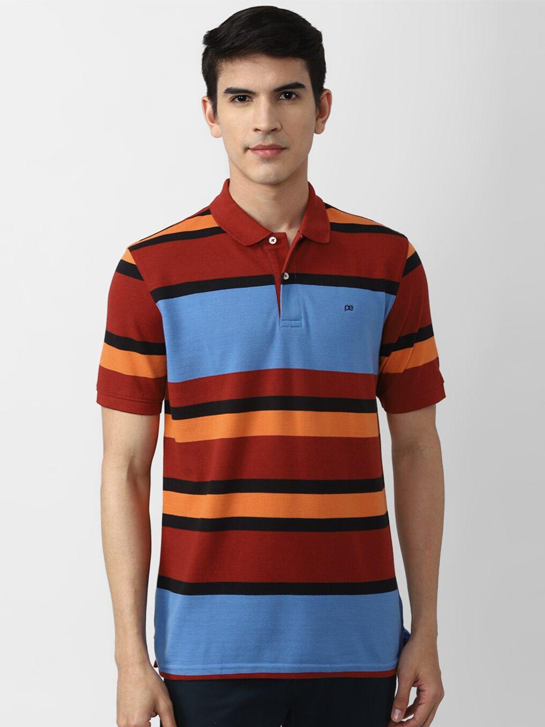 peter england casuals men maroon & blue striped polo collar cotton t-shirt