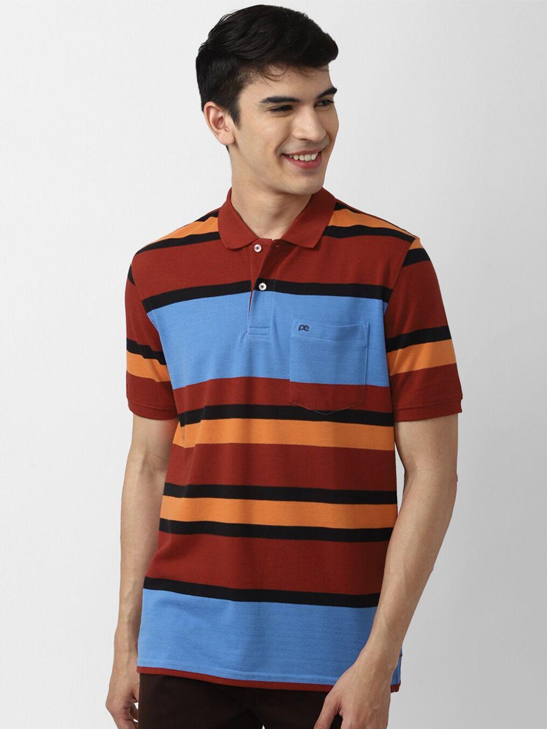 peter england casuals men maroon & blue striped polo collar cotton t-shirt