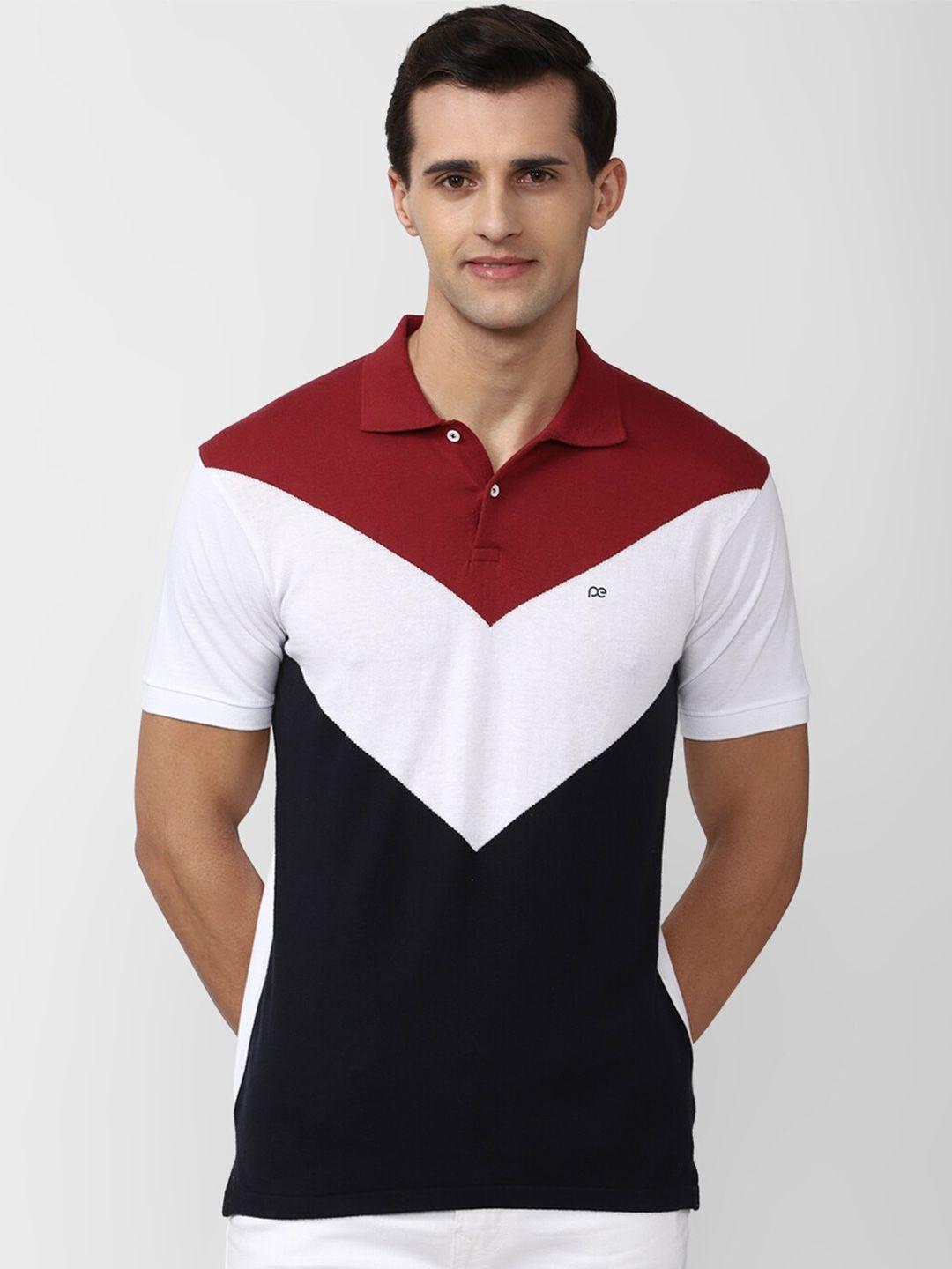 peter england casuals men multicoloured colourblocked polo collar applique slim fit t-shirt