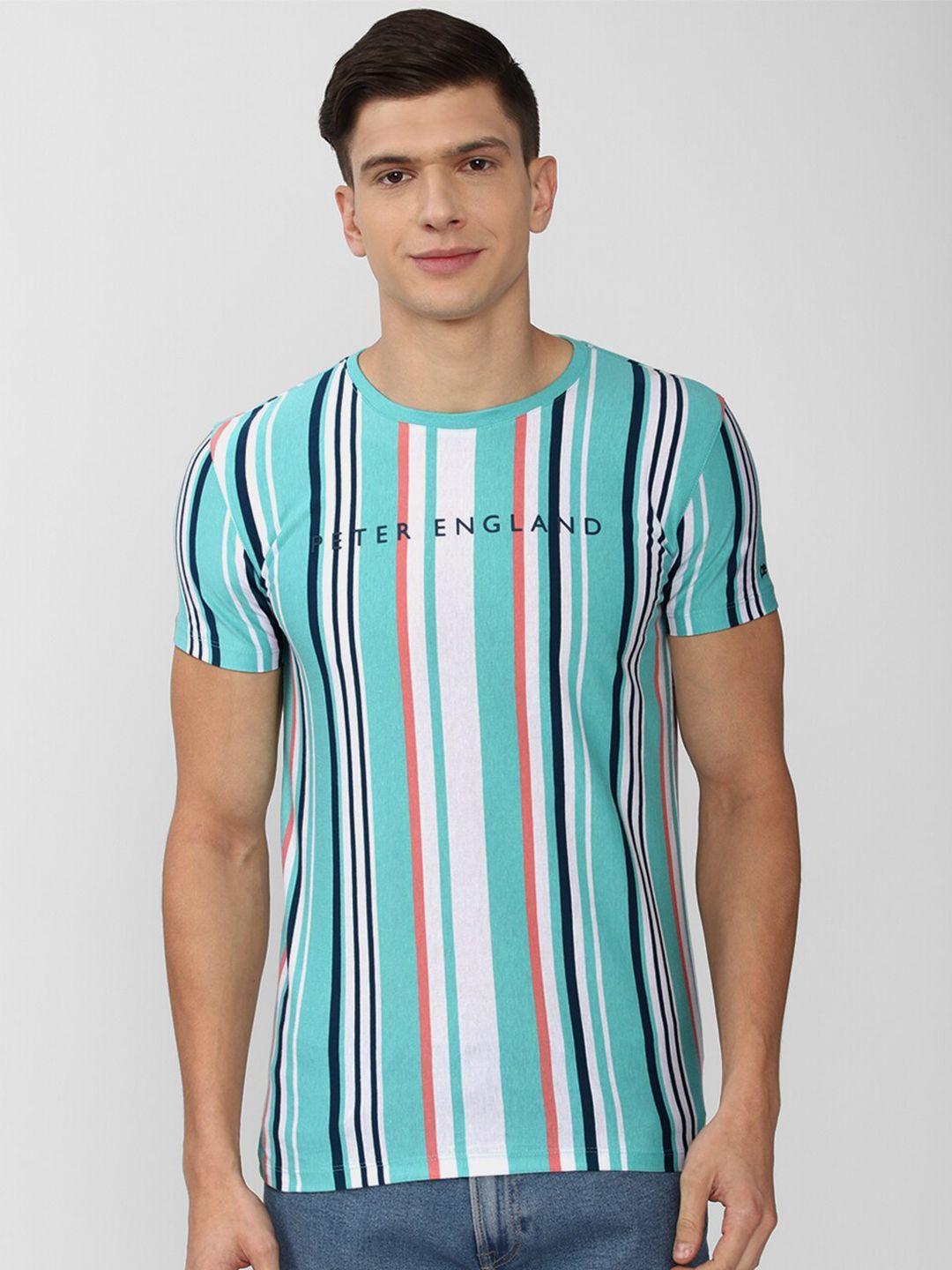 peter england casuals men multicoloured striped extended sleeves slim fit t-shirt