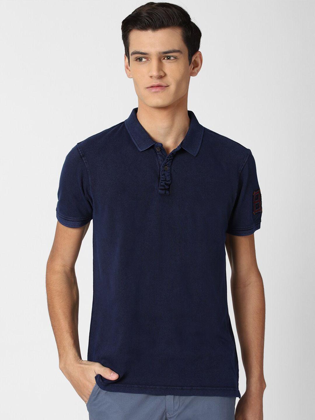 peter england casuals men navy blue polo collar applique slim fit t-shirt