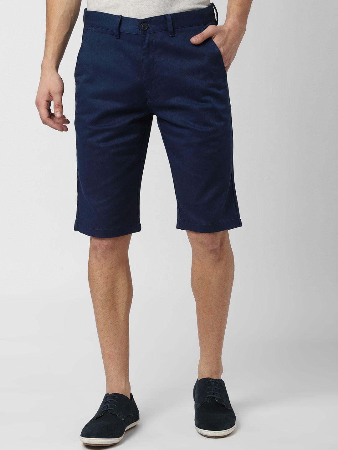 peter england casuals men navy blue solid regular fit regular shorts