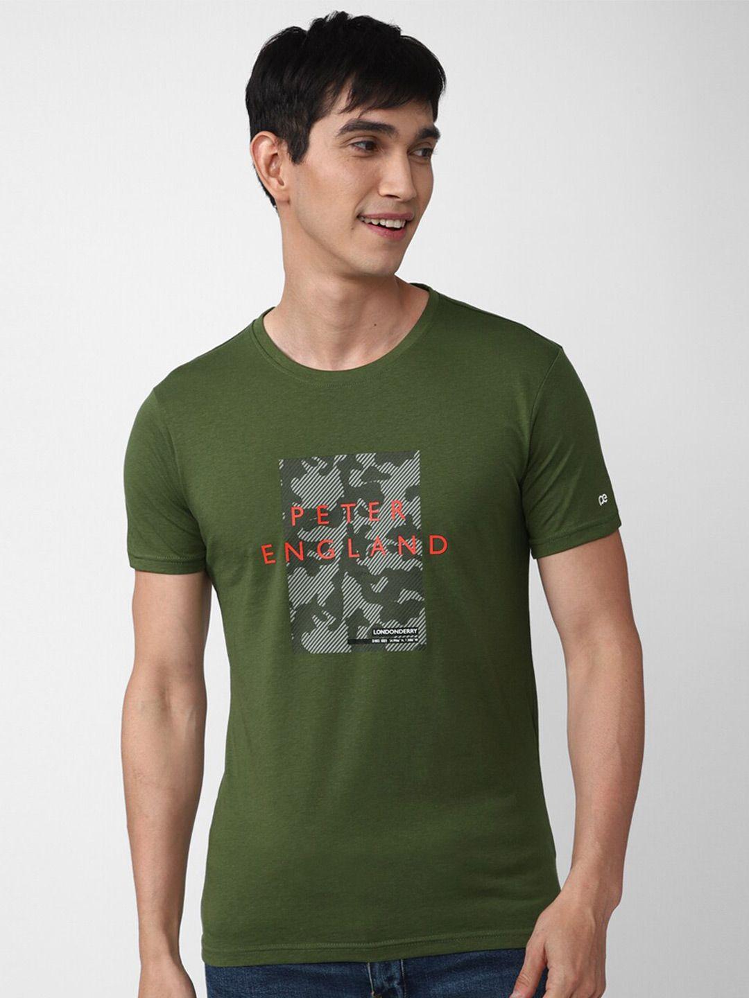 peter england casuals men olive green printed applique slim fit t-shirt