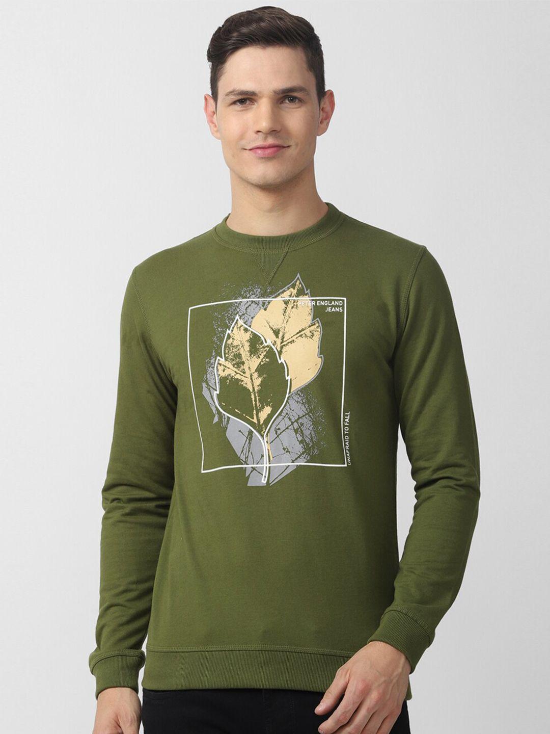 peter england casuals men olive green printed sweatshirt