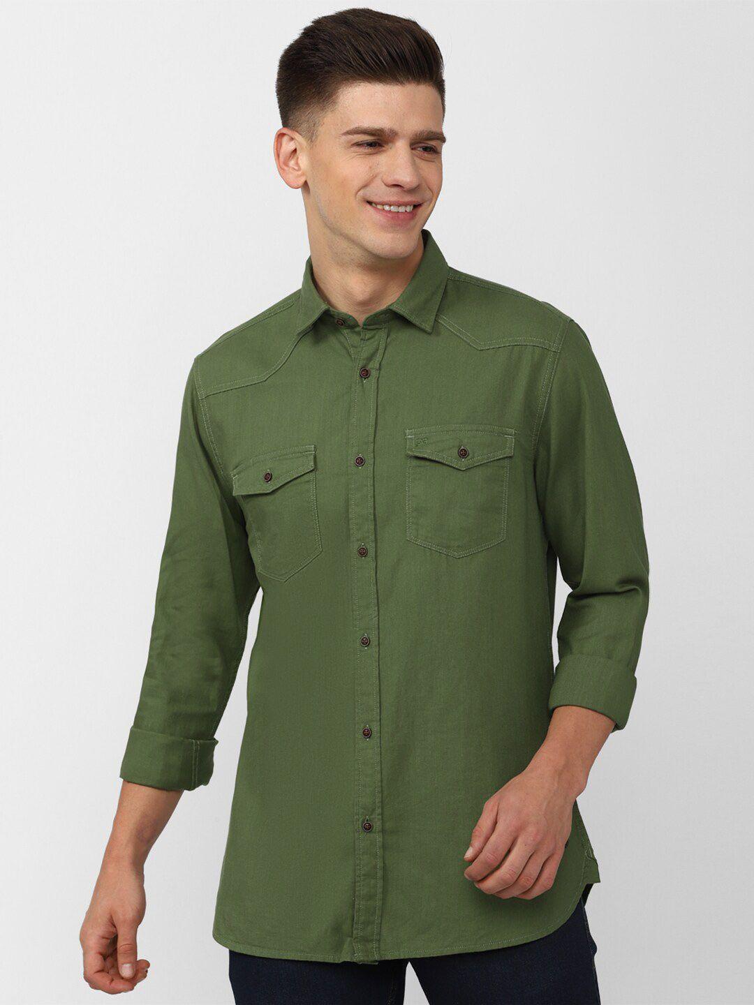 peter england casuals men olive green solid cotton slim fit casual shirt