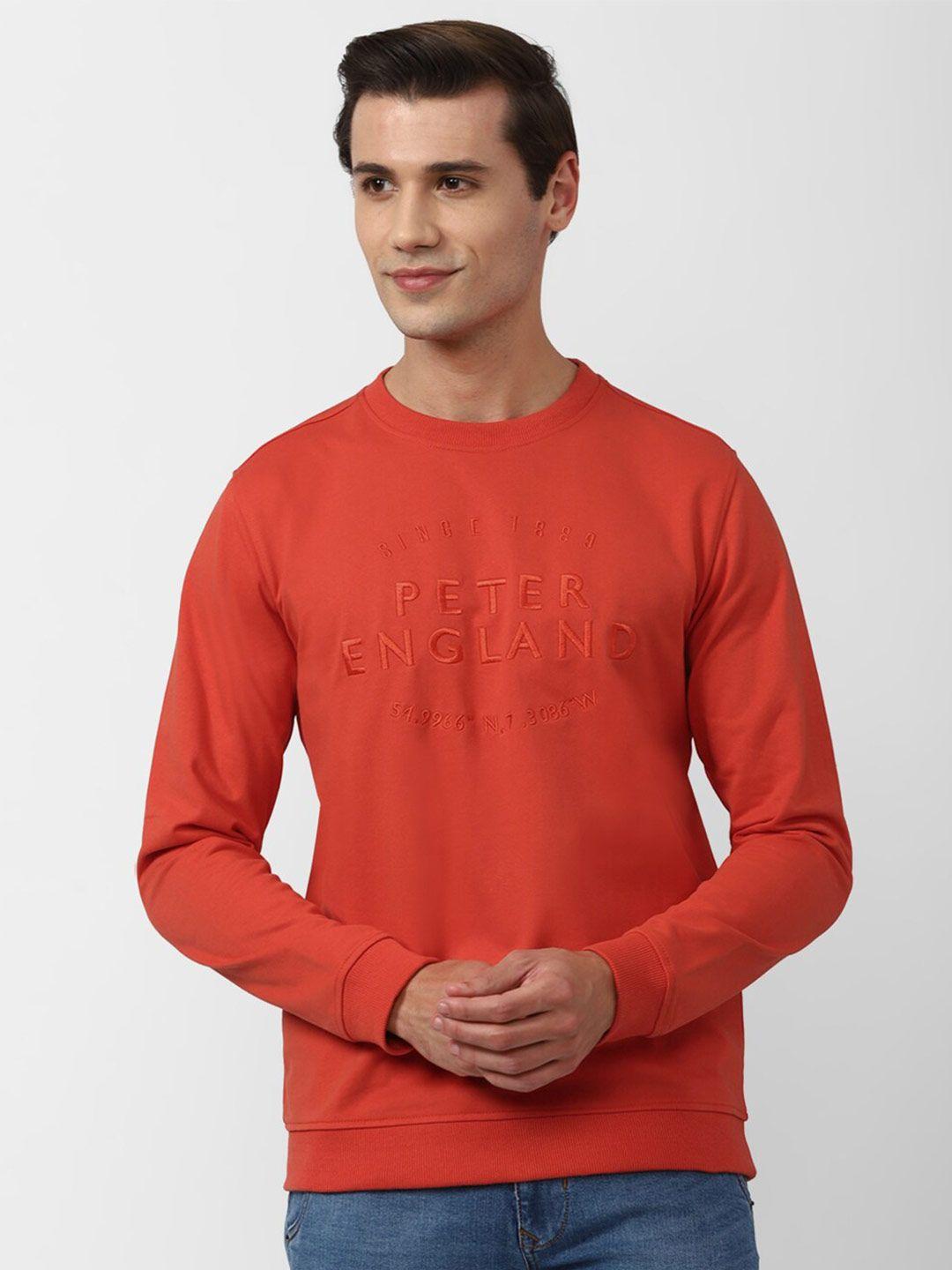 peter england casuals men orange embroidered sweatshirt