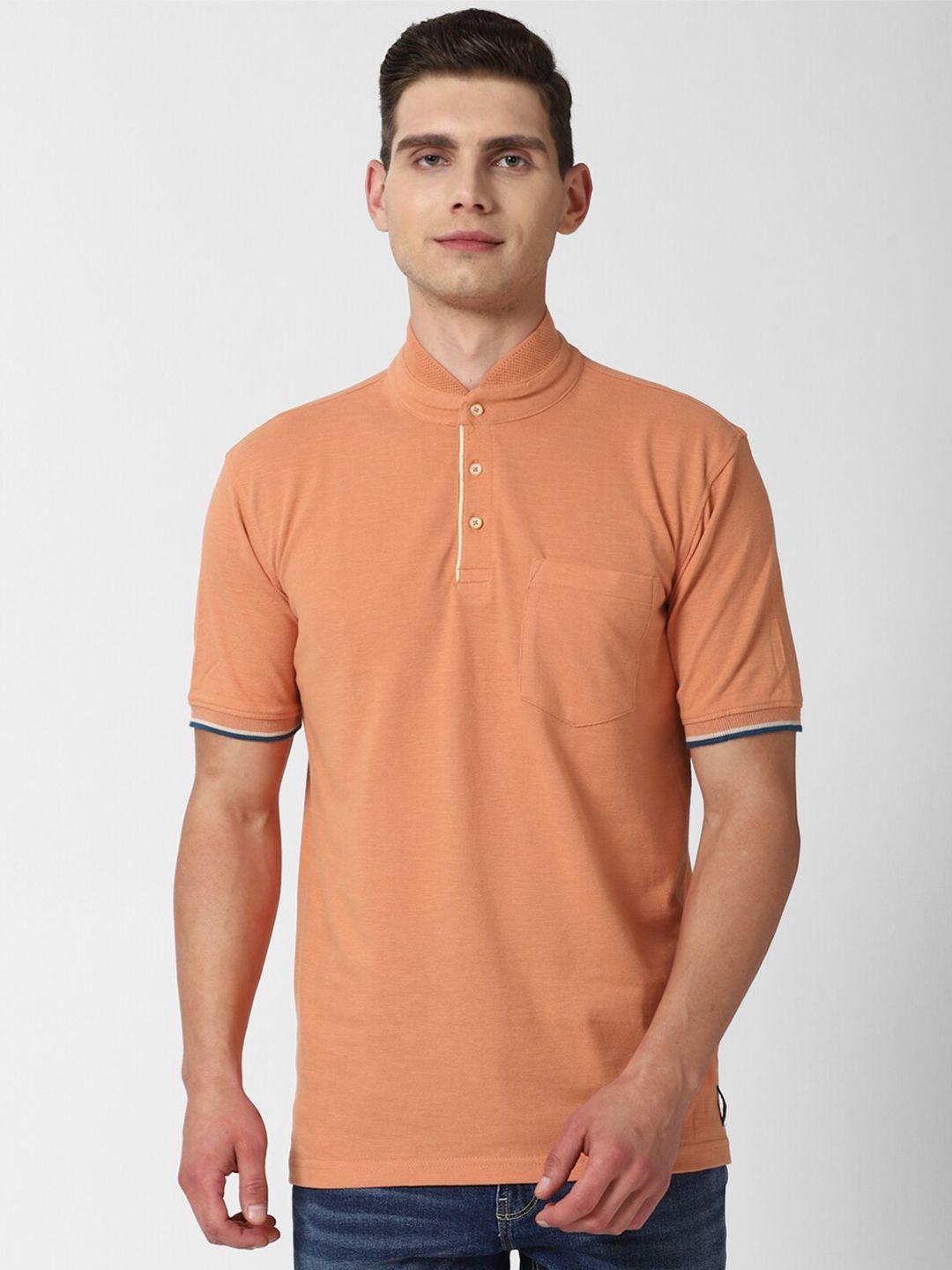 peter england casuals men orange henley neck pockets t-shirt