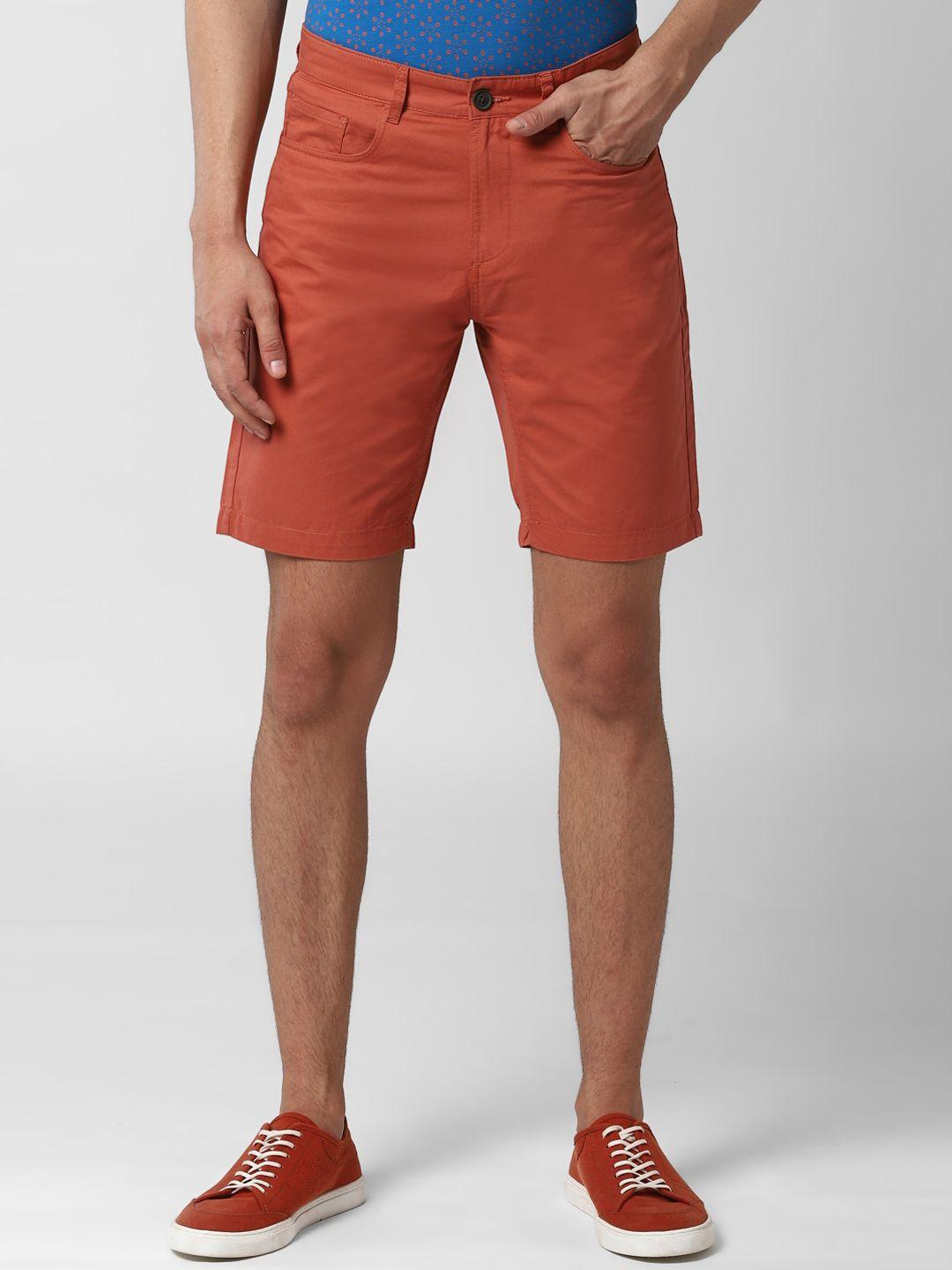 peter england casuals men orange solid regular fit regular shorts