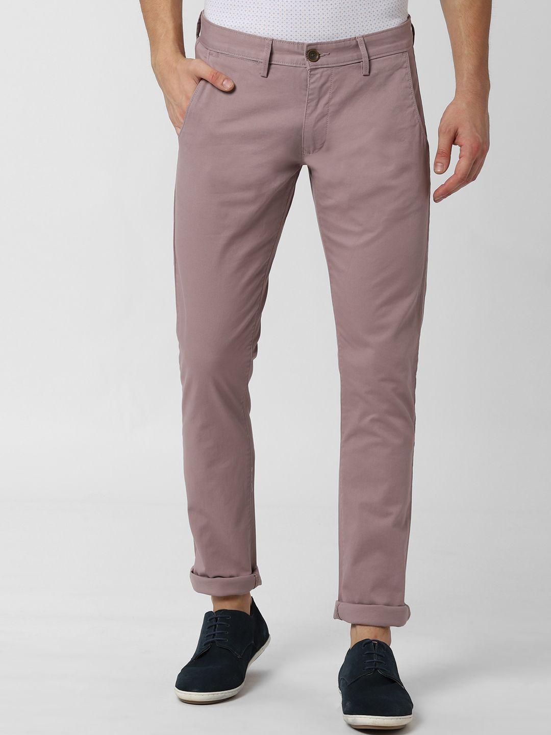 peter england casuals men pink skinny fit solid regular trousers
