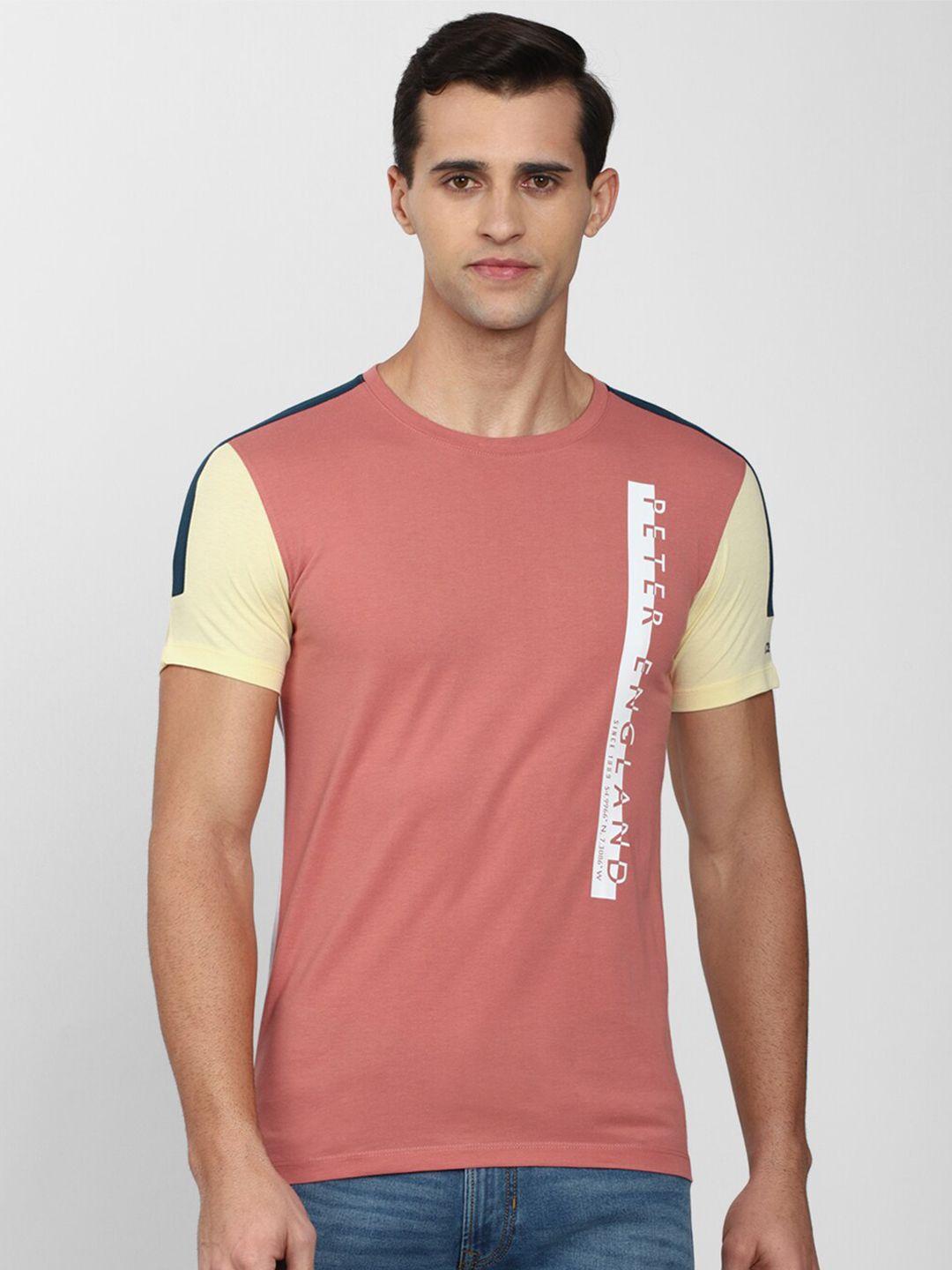 peter england casuals men pink typography applique slim fit t-shirt