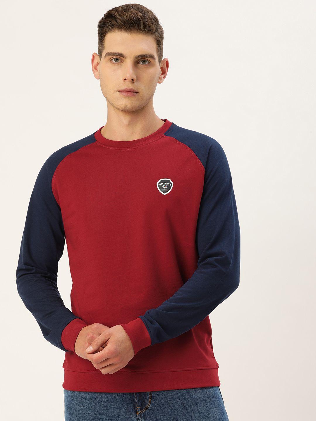 peter england casuals men red & navy blue raglan sleeves sweatshirt