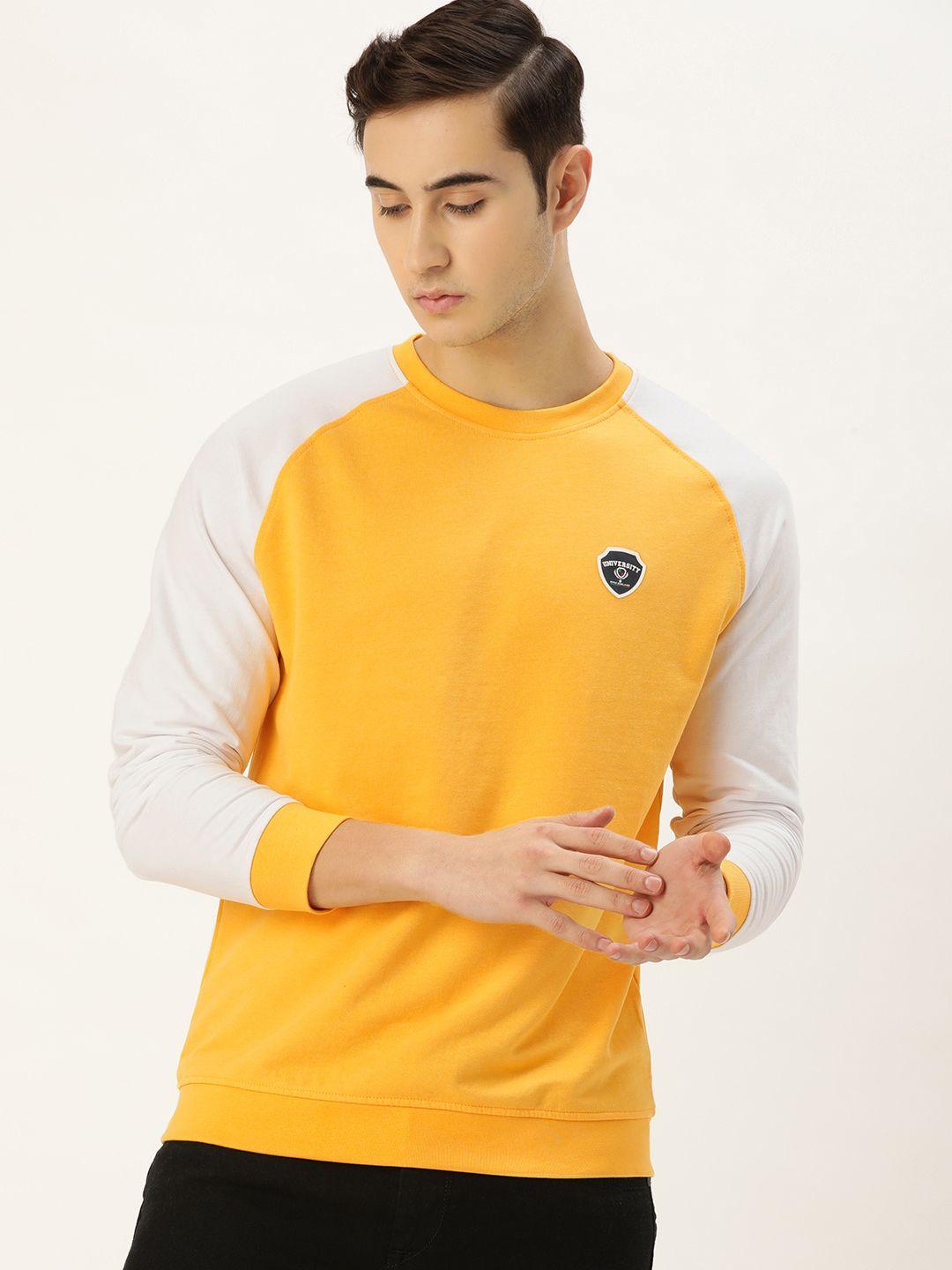 peter england casuals men yellow & white raglan sleeves sweatshirt