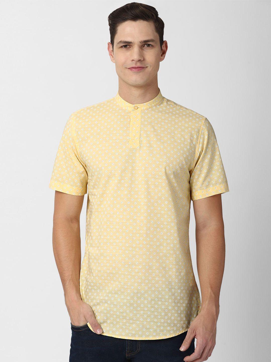 peter england casuals men yellow slim fit printed pure cotton casual shirt