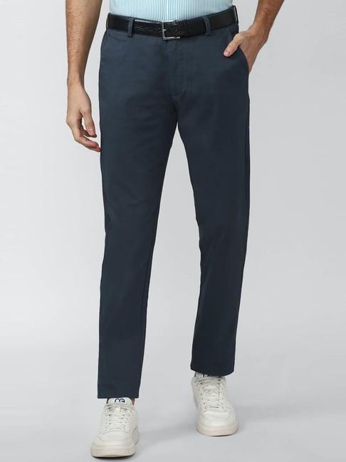 peter england casuals navy blue slim fit trousers