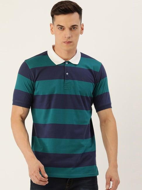 peter england casuals navy cotton regular fit striped polo t-shirt