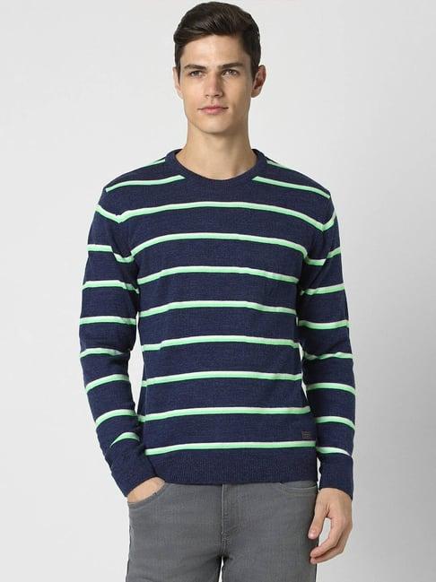 peter england casuals navy cotton regular fit striped sweater