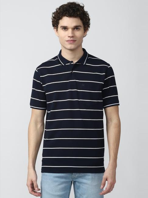 peter england casuals navy regular fit striped polo t-shirt