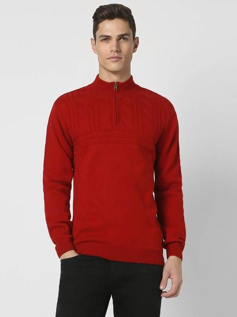 peter england casuals red linen regular fit self pattern sweater