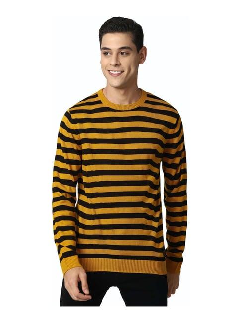 peter england casuals yellow & brown cotton regular fit striped sweater