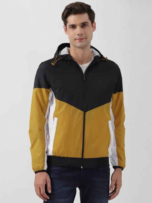 peter england casuals yellow regular fit colour block hooded jacket