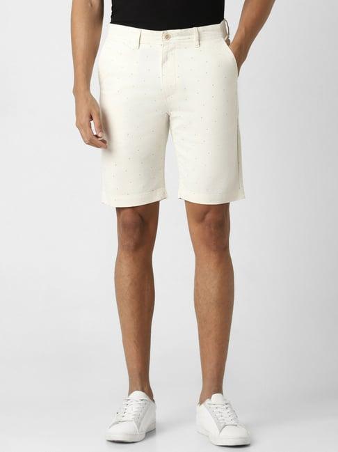 peter england cream cotton regular fit printed shorts