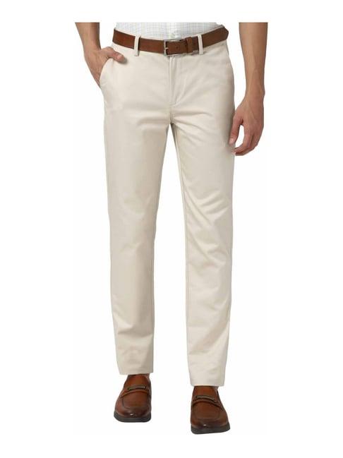 peter england cream cotton slim fit trousers