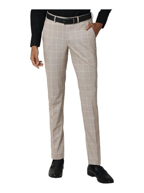 peter england cream slim fit checks flat front trousers