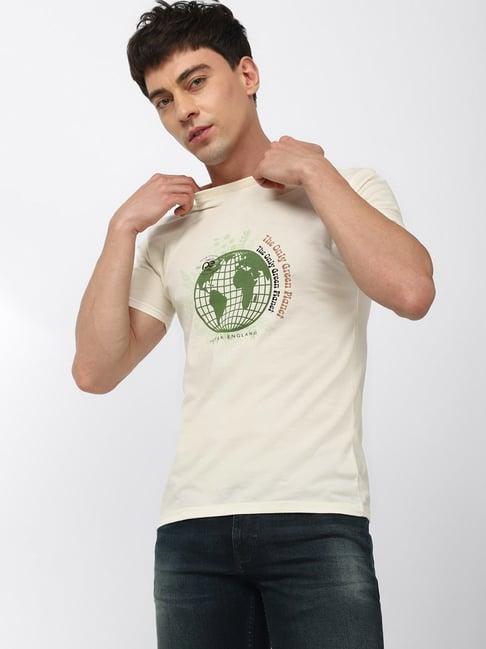 peter england cream slim fit graphic print crew t-shirt