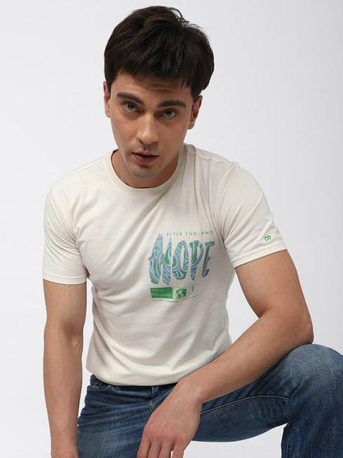 peter england cream slim fit graphic print crew t-shirt