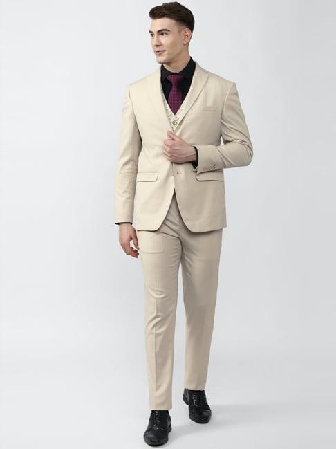peter england elite beige slim fit three piece suits