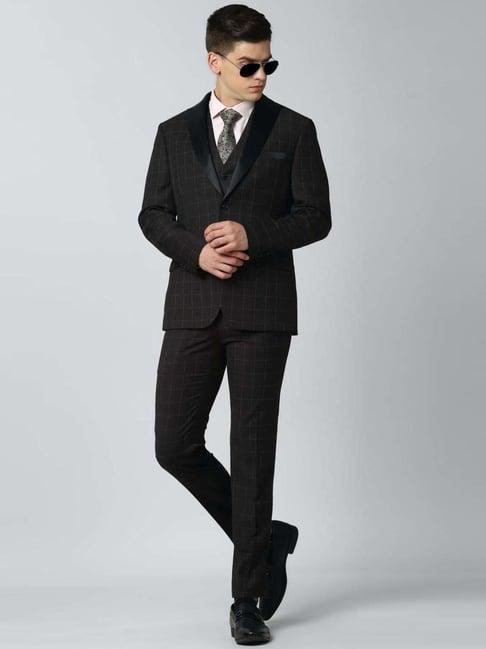 peter england elite black slim fit checks three piece suit