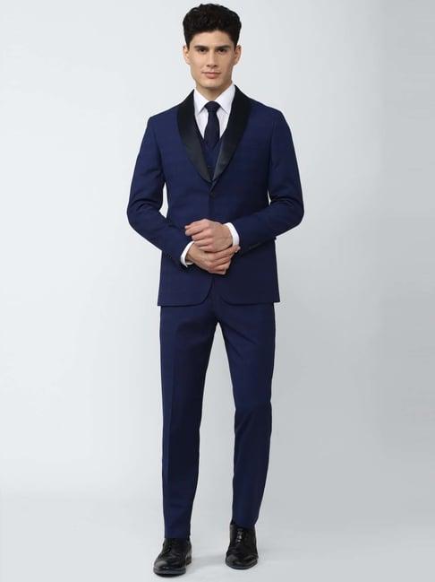 peter england elite blue slim fit checks three piece suits